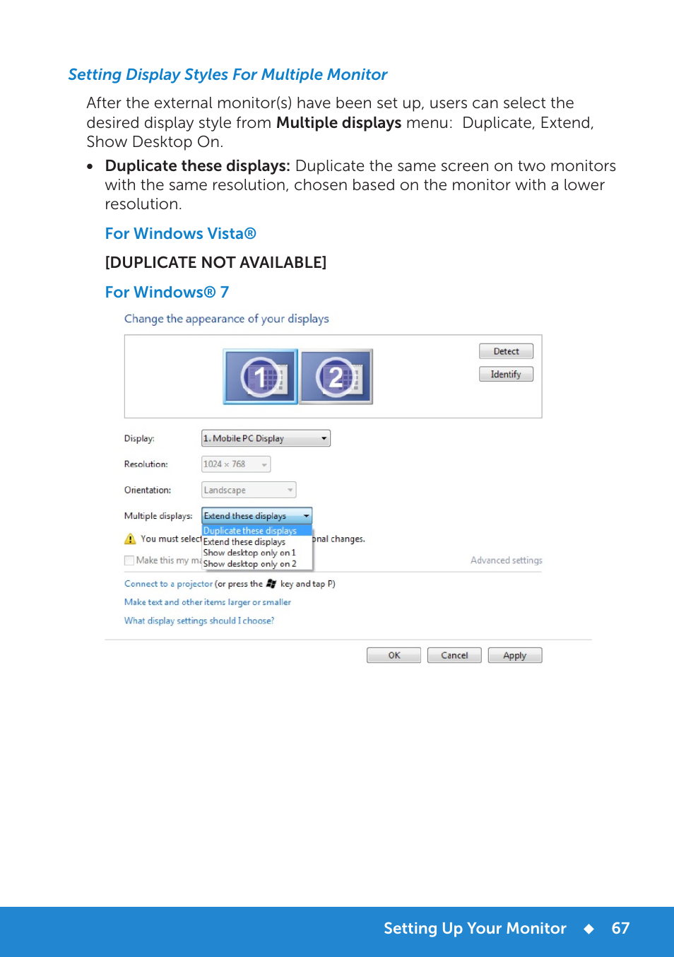 Setting display styles for multiple monitor | Dell P1914S Monitor User Manual | Page 67 / 75