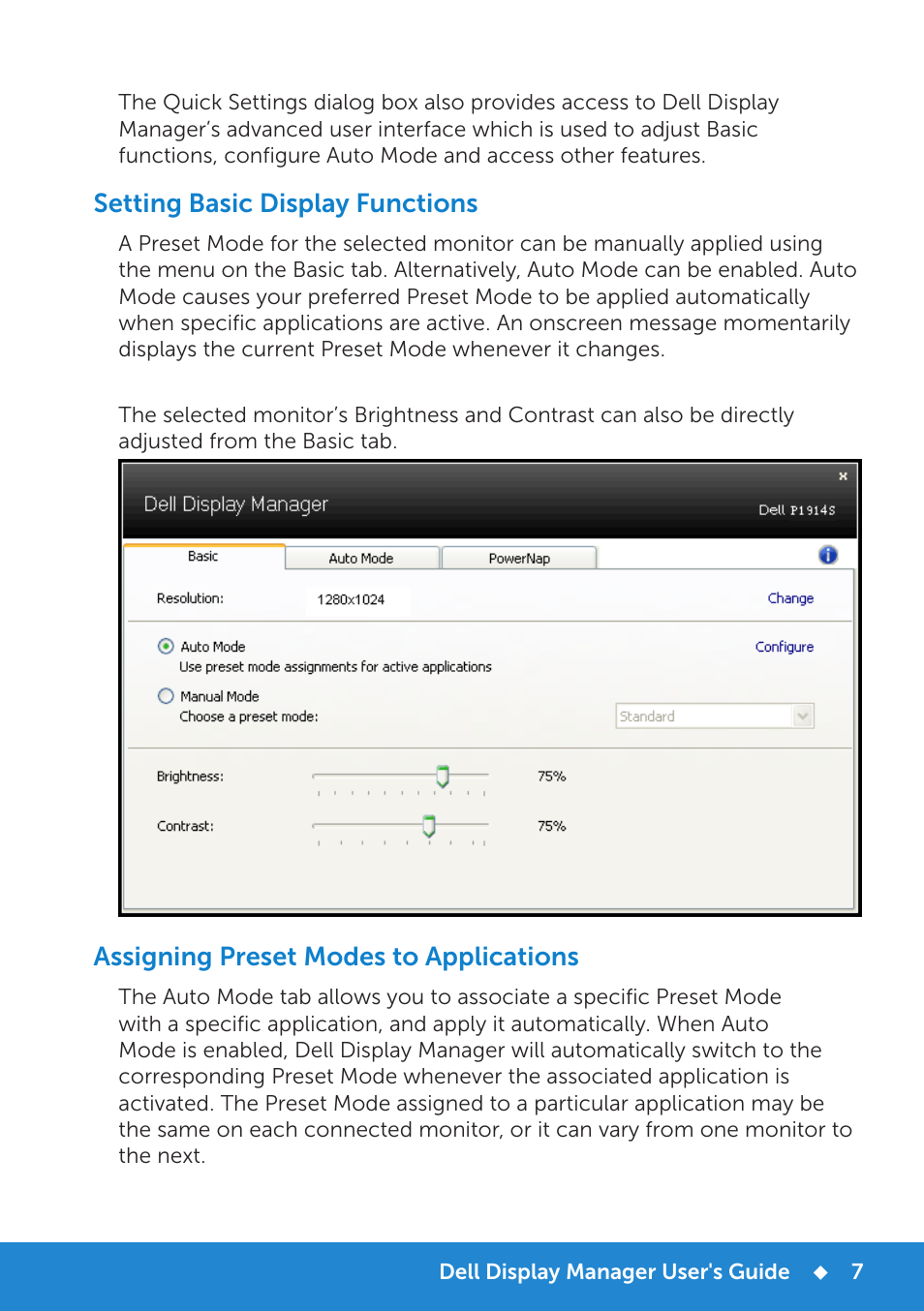 Setting basic display functions, Assigning preset modes to applications | Dell P1914S Monitor User Manual | Page 7 / 75