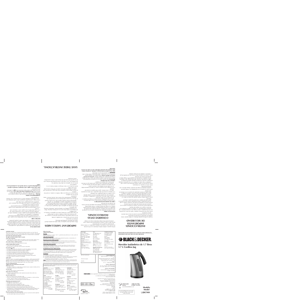 Important safeguards, Conserve estas instrucciones, Modelo model ❑ jkc900 | Black & Decker JKC900 User Manual | Page 2 / 2