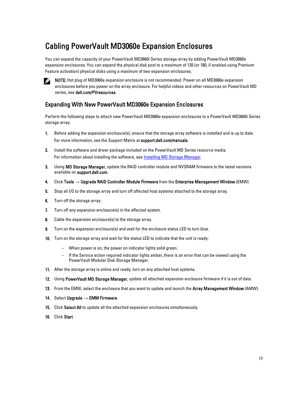 Cabling powervault md3060e expansion enclosures | Dell PowerVault MD3660i User Manual | Page 17 / 56