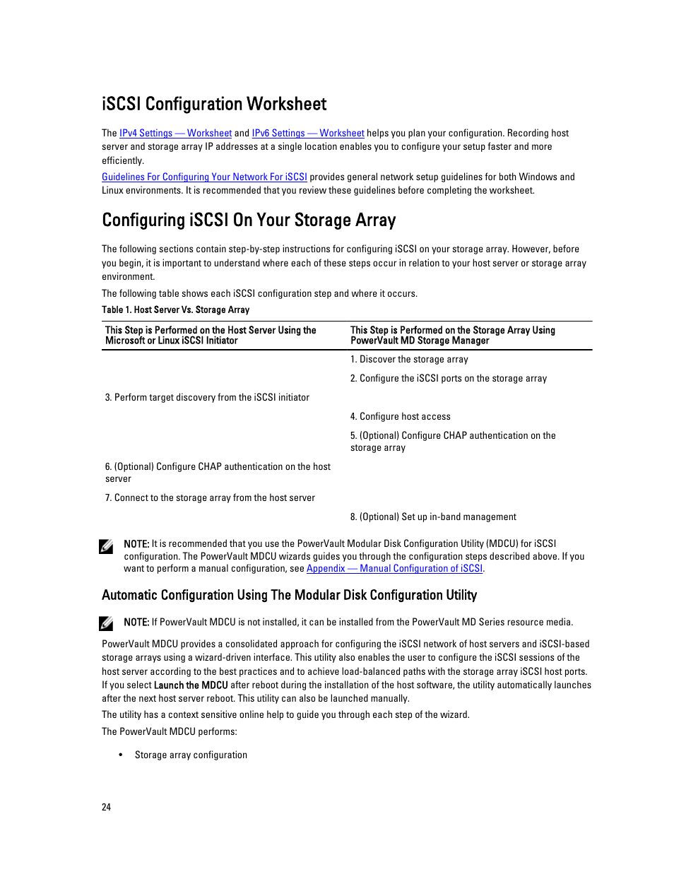 Iscsi configuration worksheet, Configuring iscsi on your storage array | Dell PowerVault MD3660i User Manual | Page 24 / 56