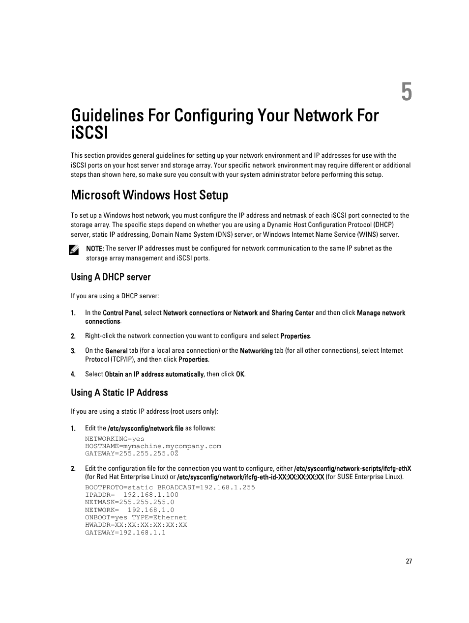 Guidelines for configuring your network for iscsi, Microsoft windows host setup, Using a dhcp server | Using a static ip address | Dell PowerVault MD3660i User Manual | Page 27 / 56