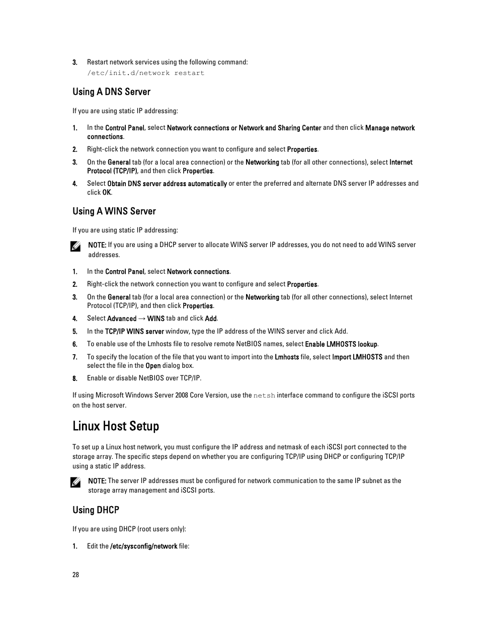 Using a dns server, Using a wins server, Linux host setup | Using dhcp | Dell PowerVault MD3660i User Manual | Page 28 / 56