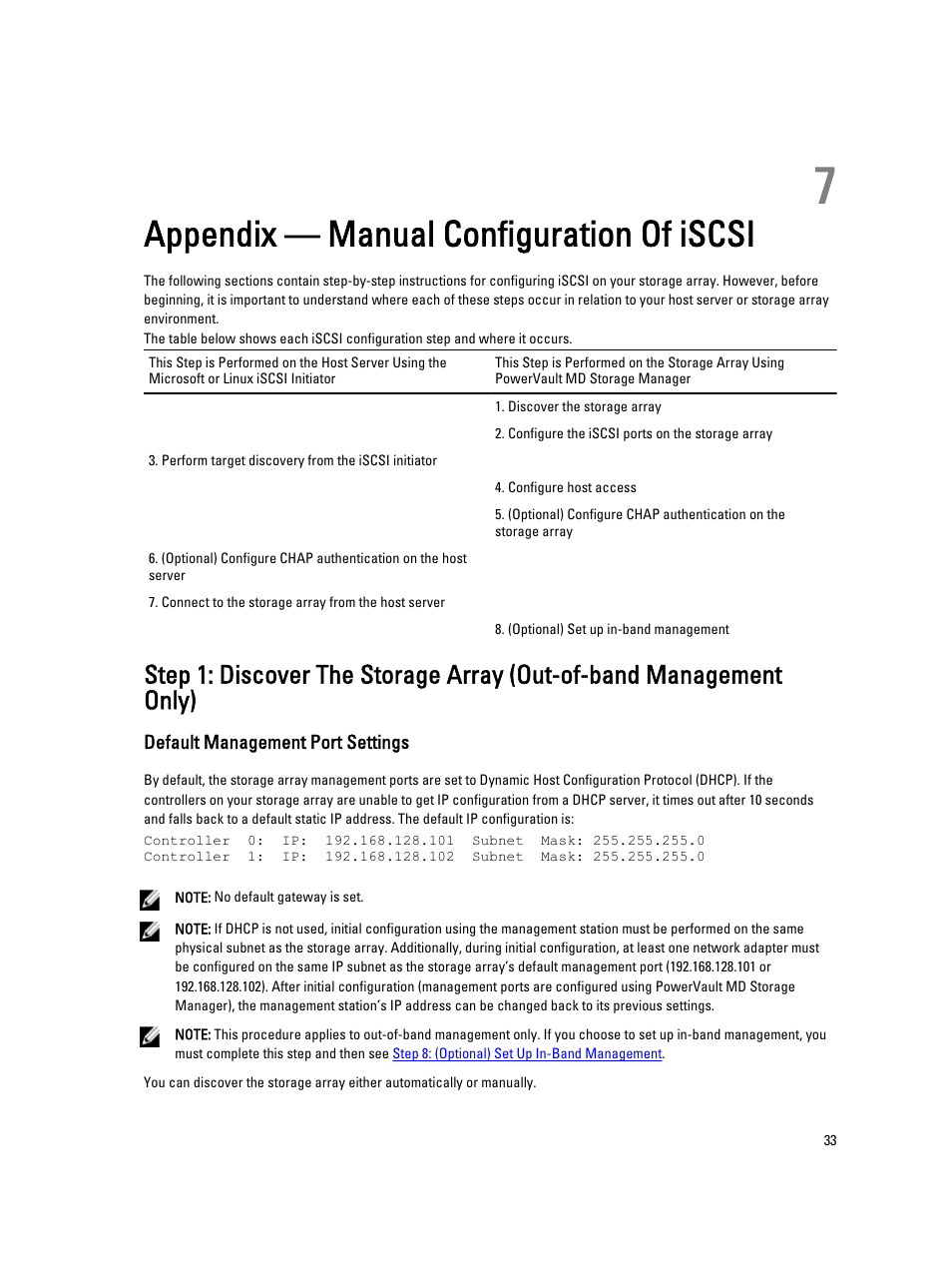 Appendix — manual configuration of iscsi, Default management port settings, 7 appendix — manual configuration of iscsi | Want to perform a manual configuration, see | Dell PowerVault MD3660i User Manual | Page 33 / 56