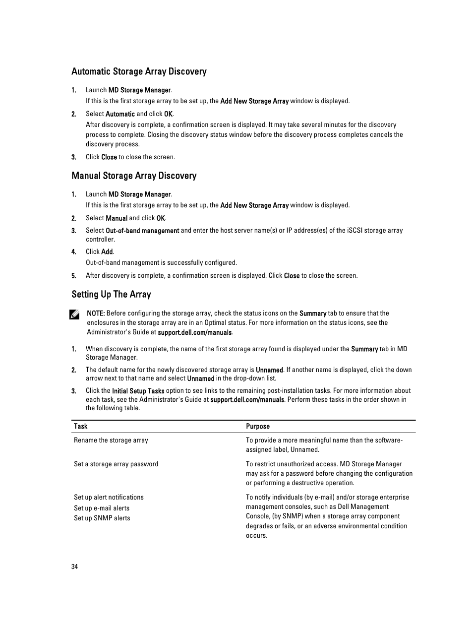 Automatic storage array discovery, Manual storage array discovery, Setting up the array | Dell PowerVault MD3660i User Manual | Page 34 / 56