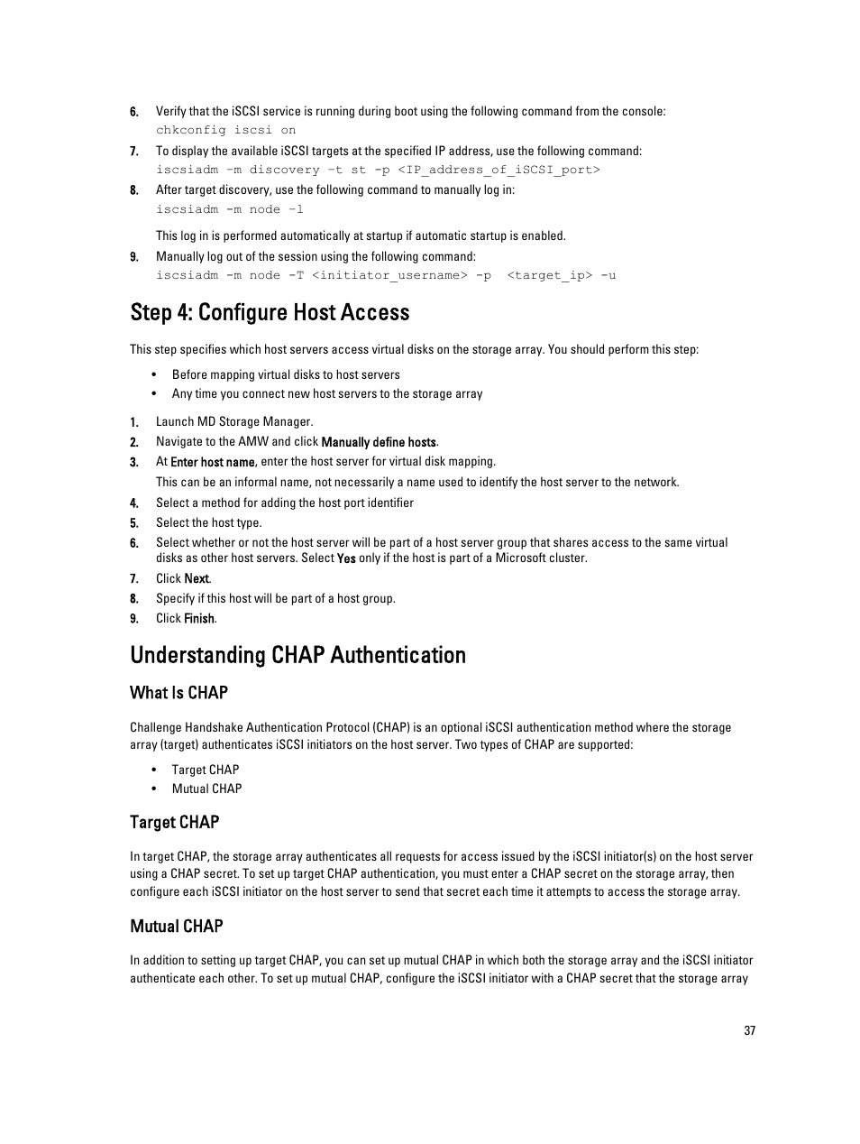 Step 4: configure host access, Understanding chap authentication, What is chap | Target chap, Mutual chap | Dell PowerVault MD3660i User Manual | Page 37 / 56