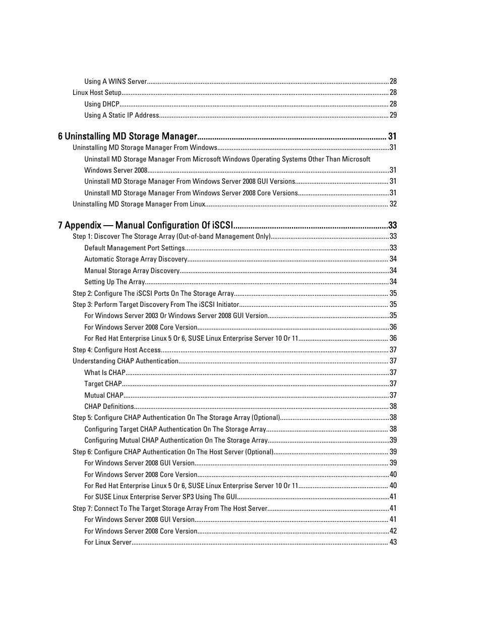 6 uninstalling md storage manager, 7 appendix — manual configuration of iscsi | Dell PowerVault MD3660i User Manual | Page 4 / 56