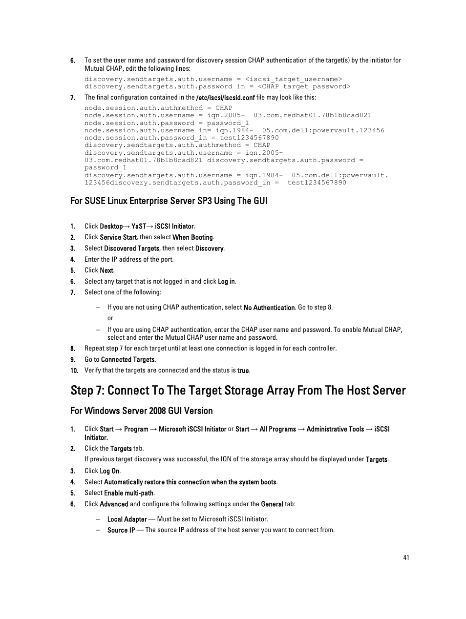 For suse linux enterprise server sp3 using the gui, For windows server 2008 gui version | Dell PowerVault MD3660i User Manual | Page 41 / 56