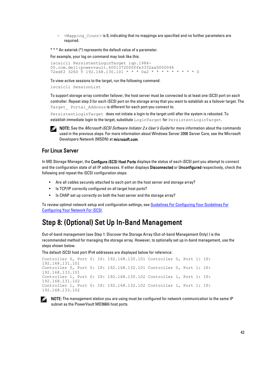 For linux server, Step 8: (optional) set up in-band management | Dell PowerVault MD3660i User Manual | Page 43 / 56