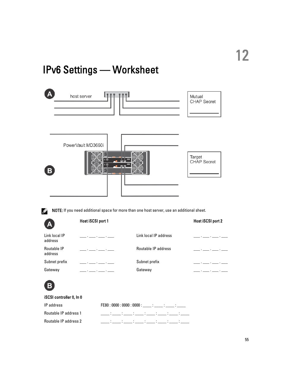 Ipv6 settings — worksheet, 12 ipv6 settings — worksheet | Dell PowerVault MD3660i User Manual | Page 55 / 56