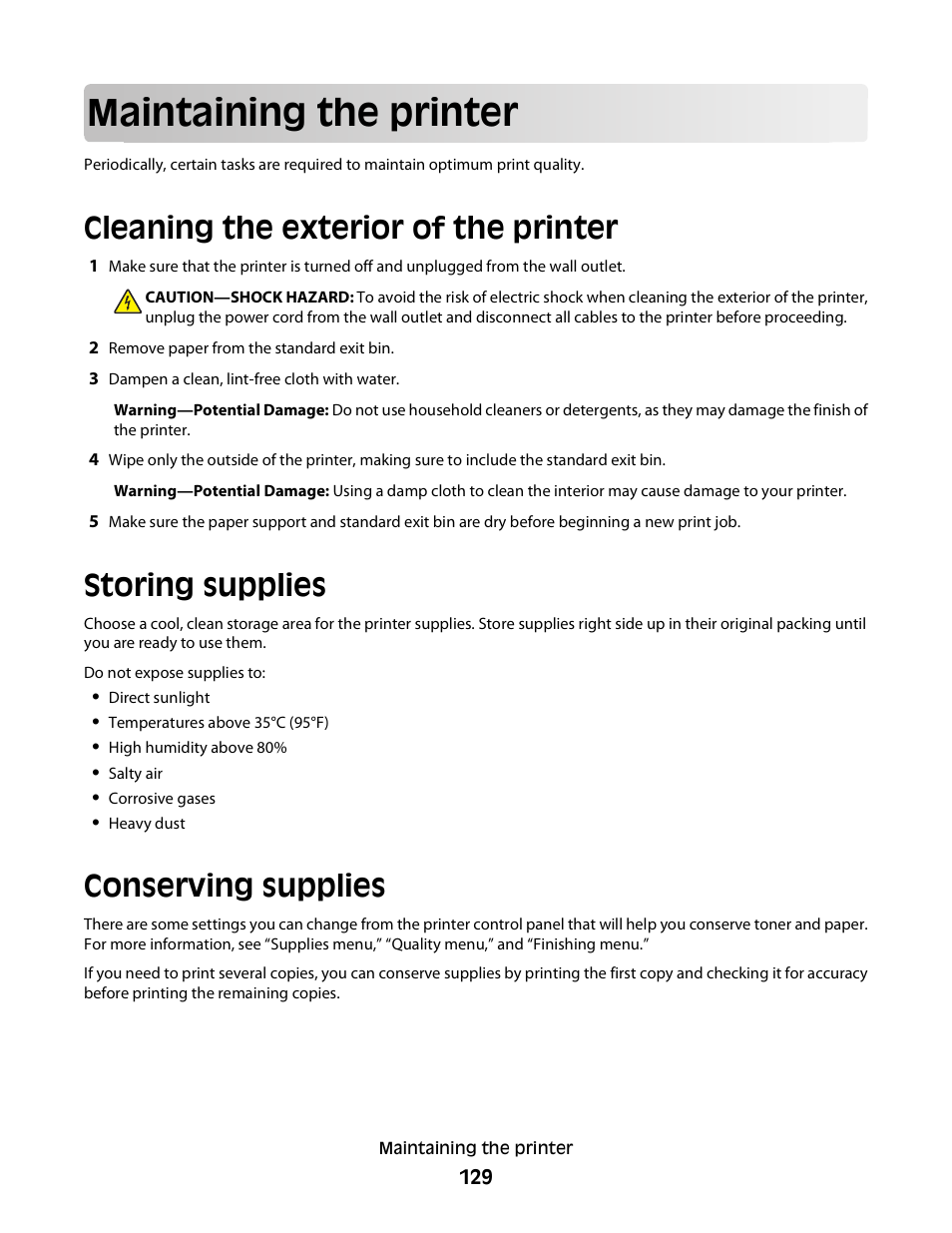 Maintaining the printer, Cleaning the exterior of the printer, Storing supplies | Conserving supplies | Dell 5230dn Mono Laser Printer User Manual | Page 129 / 193