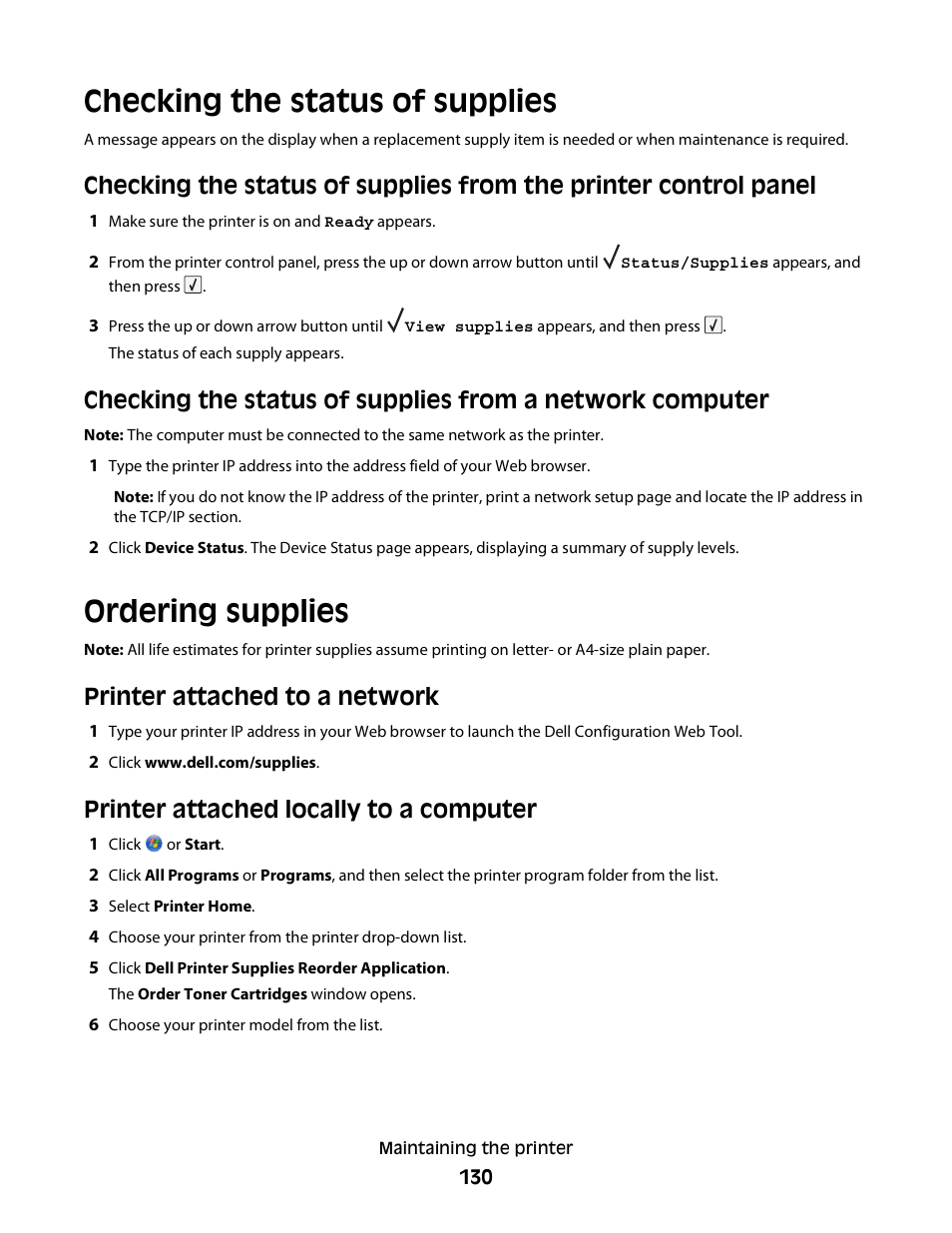 Checking the status of supplies, Ordering supplies, Printer attached to a network | Printer attached locally to a computer | Dell 5230dn Mono Laser Printer User Manual | Page 130 / 193