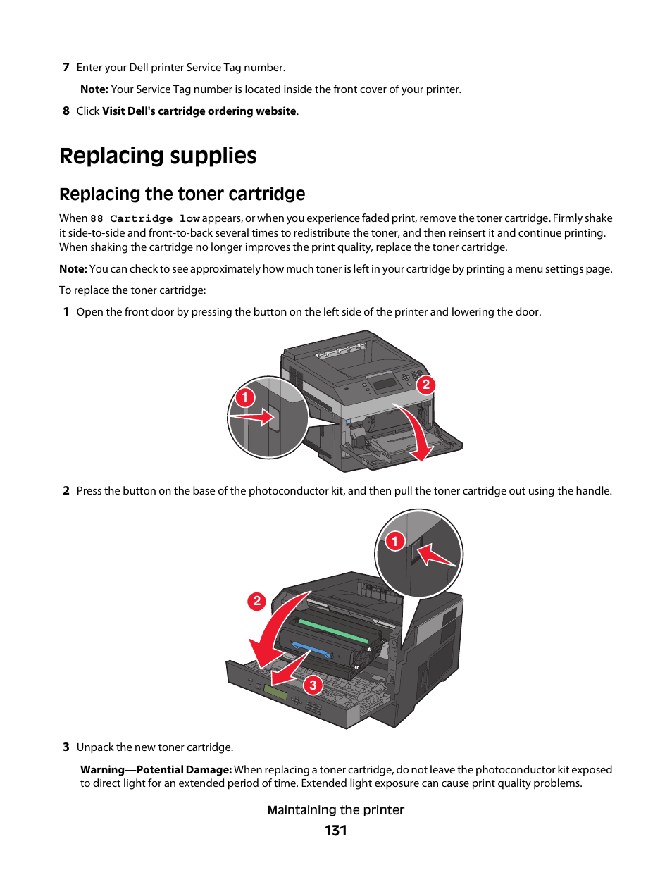 Replacing supplies, Replacing the toner cartridge | Dell 5230dn Mono Laser Printer User Manual | Page 131 / 193