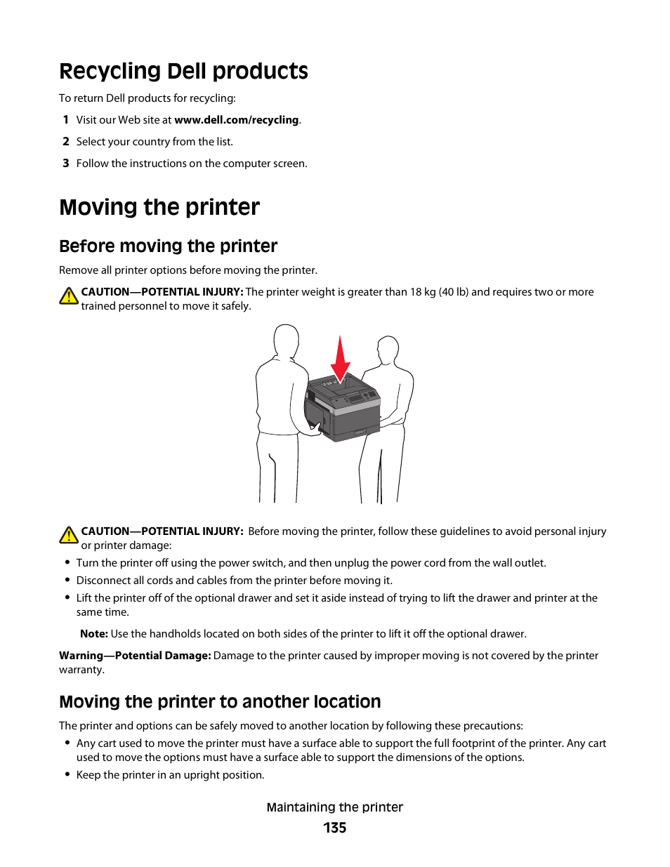 Recycling dell products, Moving the printer, Before moving the printer | Moving the printer to another location | Dell 5230dn Mono Laser Printer User Manual | Page 135 / 193