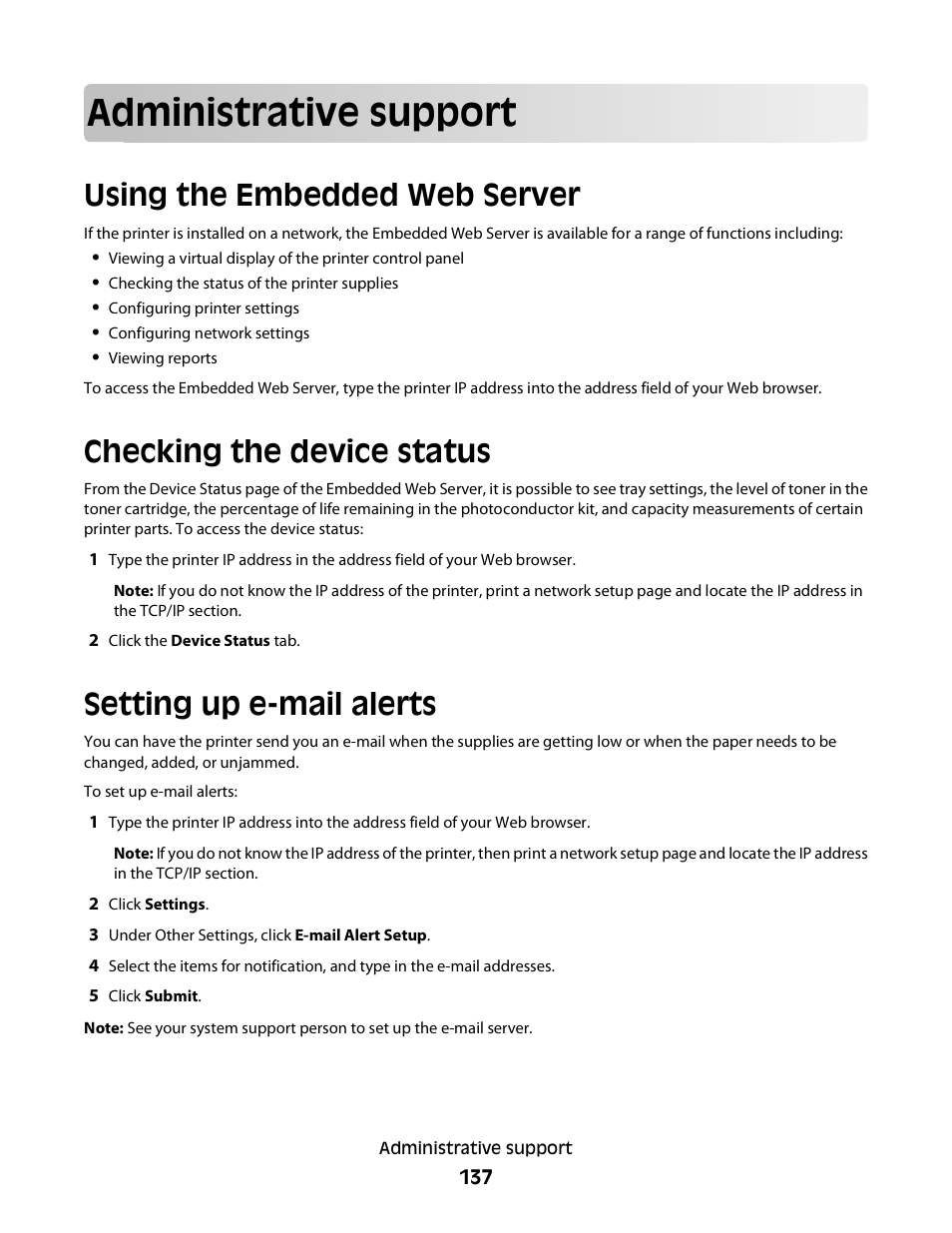 Administrative support, Using the embedded web server, Checking the device status | Setting up e-mail alerts | Dell 5230dn Mono Laser Printer User Manual | Page 137 / 193