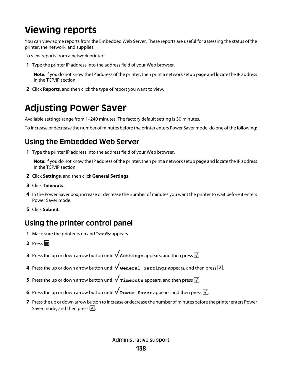 Viewing reports, Adjusting power saver, Using the embedded web server | Using the printer control panel | Dell 5230dn Mono Laser Printer User Manual | Page 138 / 193