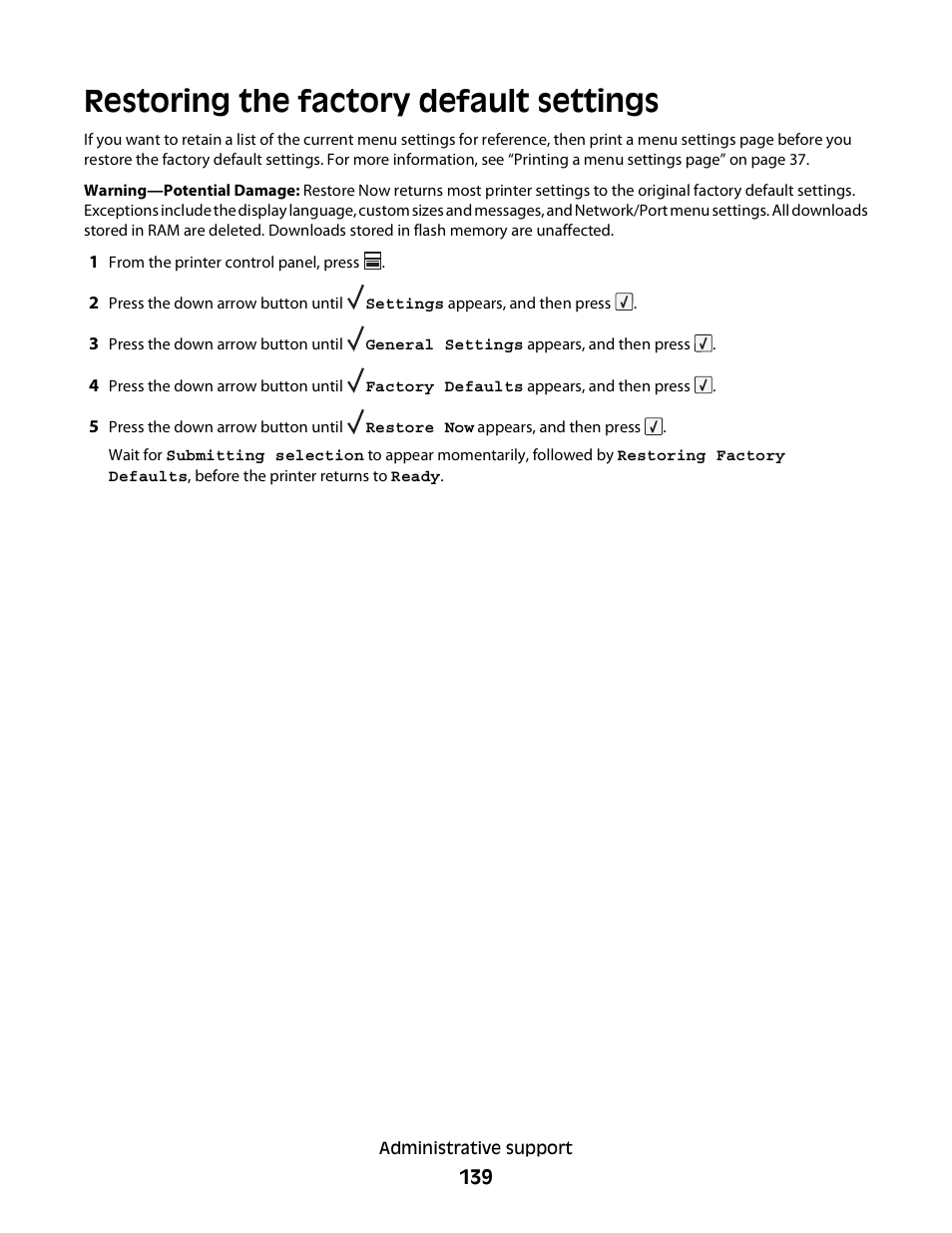 Restoring the factory default settings | Dell 5230dn Mono Laser Printer User Manual | Page 139 / 193