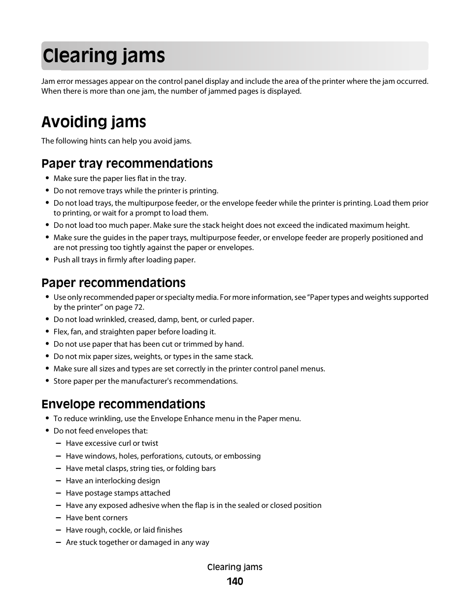 Clearing jams, Avoiding jams, Paper tray recommendations | Paper recommendations, Envelope recommendations | Dell 5230dn Mono Laser Printer User Manual | Page 140 / 193