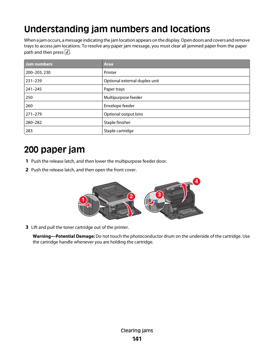 Understanding jam numbers and locations, 200 paper jam | Dell 5230dn Mono Laser Printer User Manual | Page 141 / 193