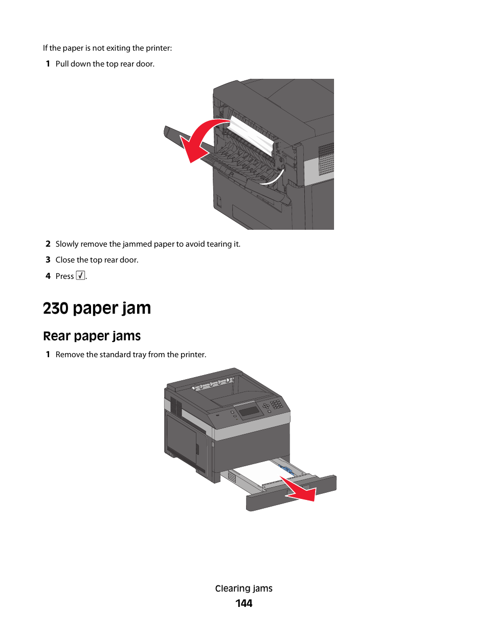 230 paper jam, Rear paper jams | Dell 5230dn Mono Laser Printer User Manual | Page 144 / 193