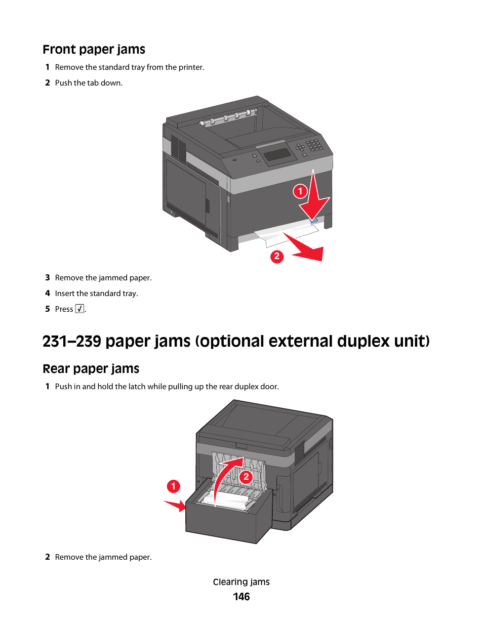 231–239 paper jams (optional external duplex unit), Front paper jams, Rear paper jams | Dell 5230dn Mono Laser Printer User Manual | Page 146 / 193