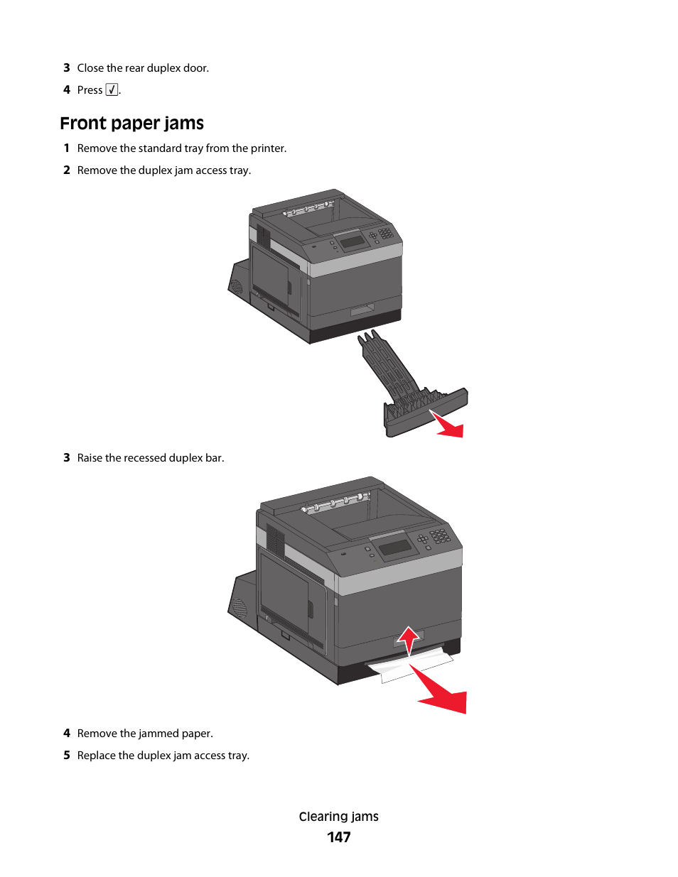 Front paper jams | Dell 5230dn Mono Laser Printer User Manual | Page 147 / 193