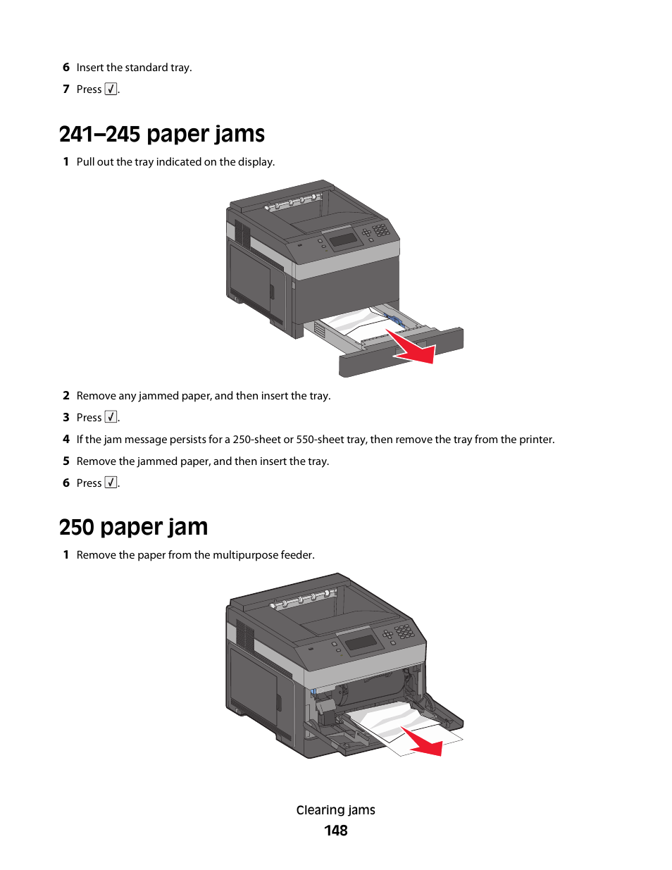 241–245 paper jams, 250 paper jam | Dell 5230dn Mono Laser Printer User Manual | Page 148 / 193