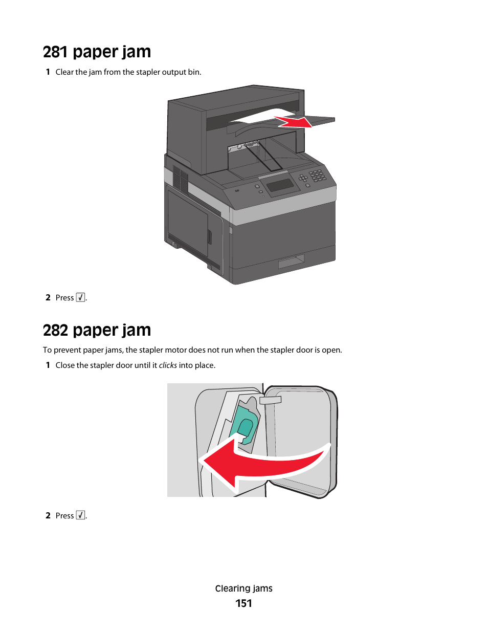 281 paper jam, 282 paper jam | Dell 5230dn Mono Laser Printer User Manual | Page 151 / 193