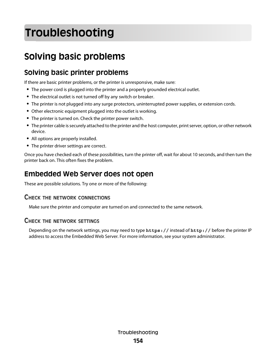 Troubleshooting, Solving basic problems, Solving basic printer problems | Embedded web server does not open | Dell 5230dn Mono Laser Printer User Manual | Page 154 / 193