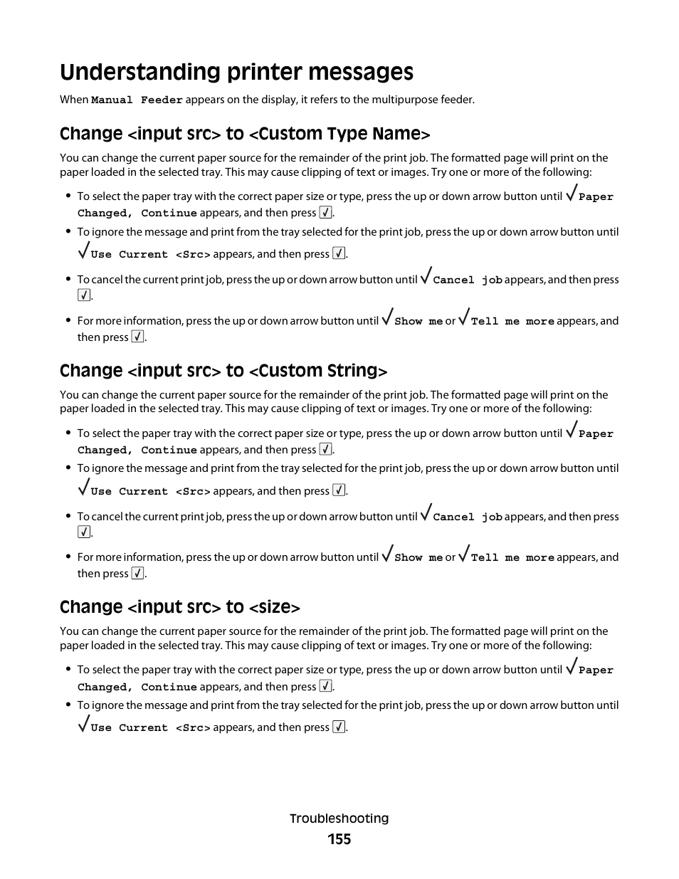 Understanding printer messages, Change <input src> to <custom type name, Change <input src> to <custom string | Change <input src> to <size | Dell 5230dn Mono Laser Printer User Manual | Page 155 / 193