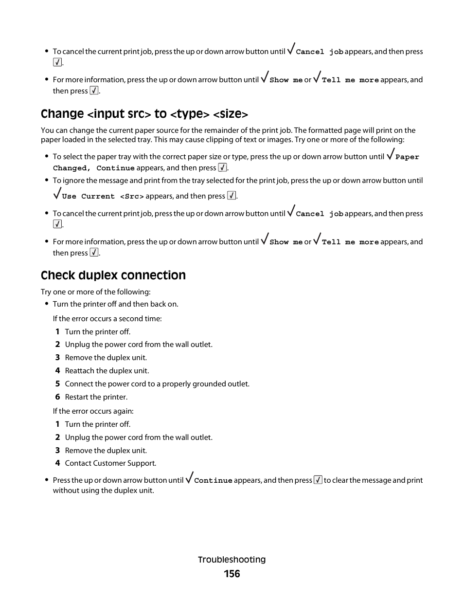 Change <input src> to <type> <size, Check duplex connection | Dell 5230dn Mono Laser Printer User Manual | Page 156 / 193