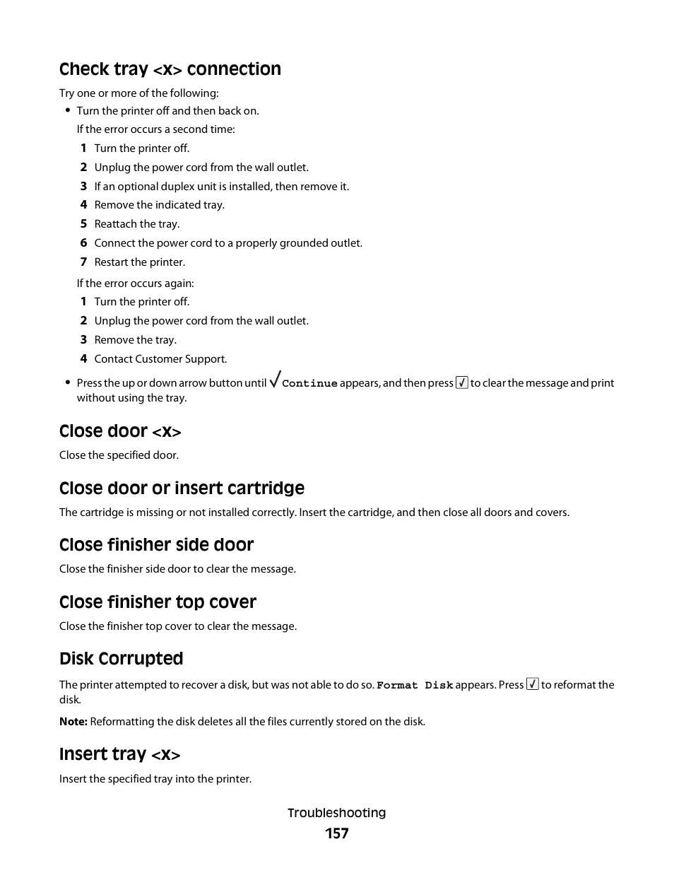 Check tray <x> connection, Close door <x, Close door or insert cartridge | Close finisher side door, Close finisher top cover, Disk corrupted, Insert tray <x, Check tray <x> connection close door <x, Disk corrupted insert tray <x | Dell 5230dn Mono Laser Printer User Manual | Page 157 / 193