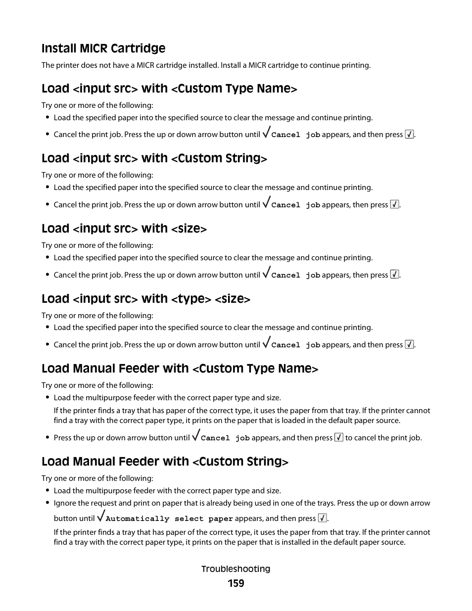 Install micr cartridge, Load <input src> with <custom type name, Load <input src> with <custom string | Load <input src> with <size, Load <input src> with <type> <size, Load manual feeder with <custom type name, Load manual feeder with <custom string | Dell 5230dn Mono Laser Printer User Manual | Page 159 / 193