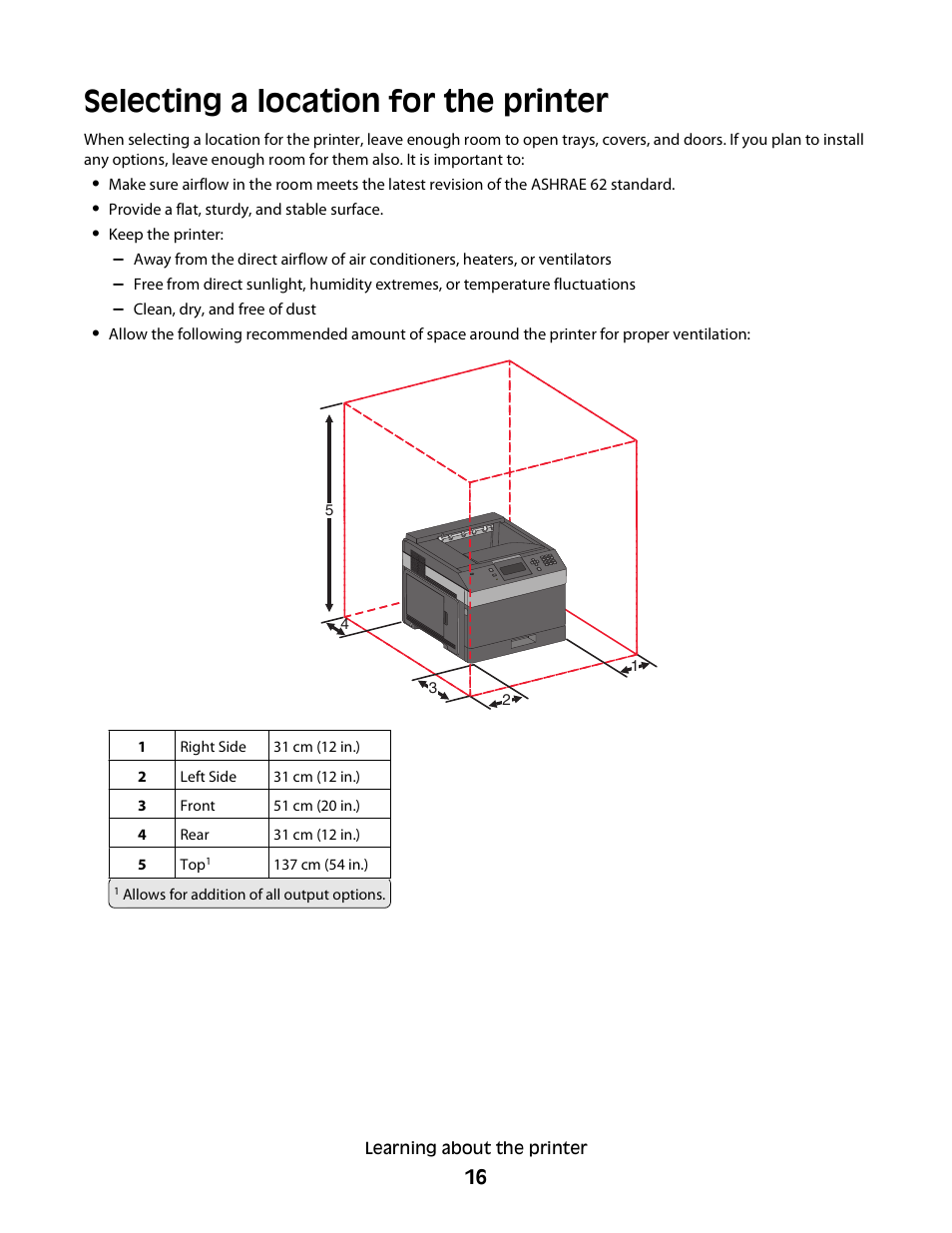 Selecting a location for the printer | Dell 5230dn Mono Laser Printer User Manual | Page 16 / 193