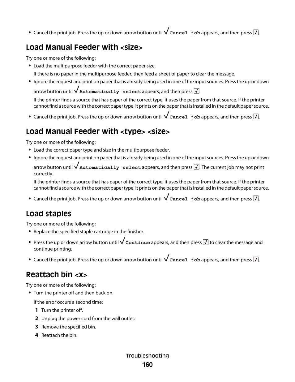 Load manual feeder with <size, Load manual feeder with <type> <size, Load staples | Reattach bin <x, Load staples reattach bin <x | Dell 5230dn Mono Laser Printer User Manual | Page 160 / 193