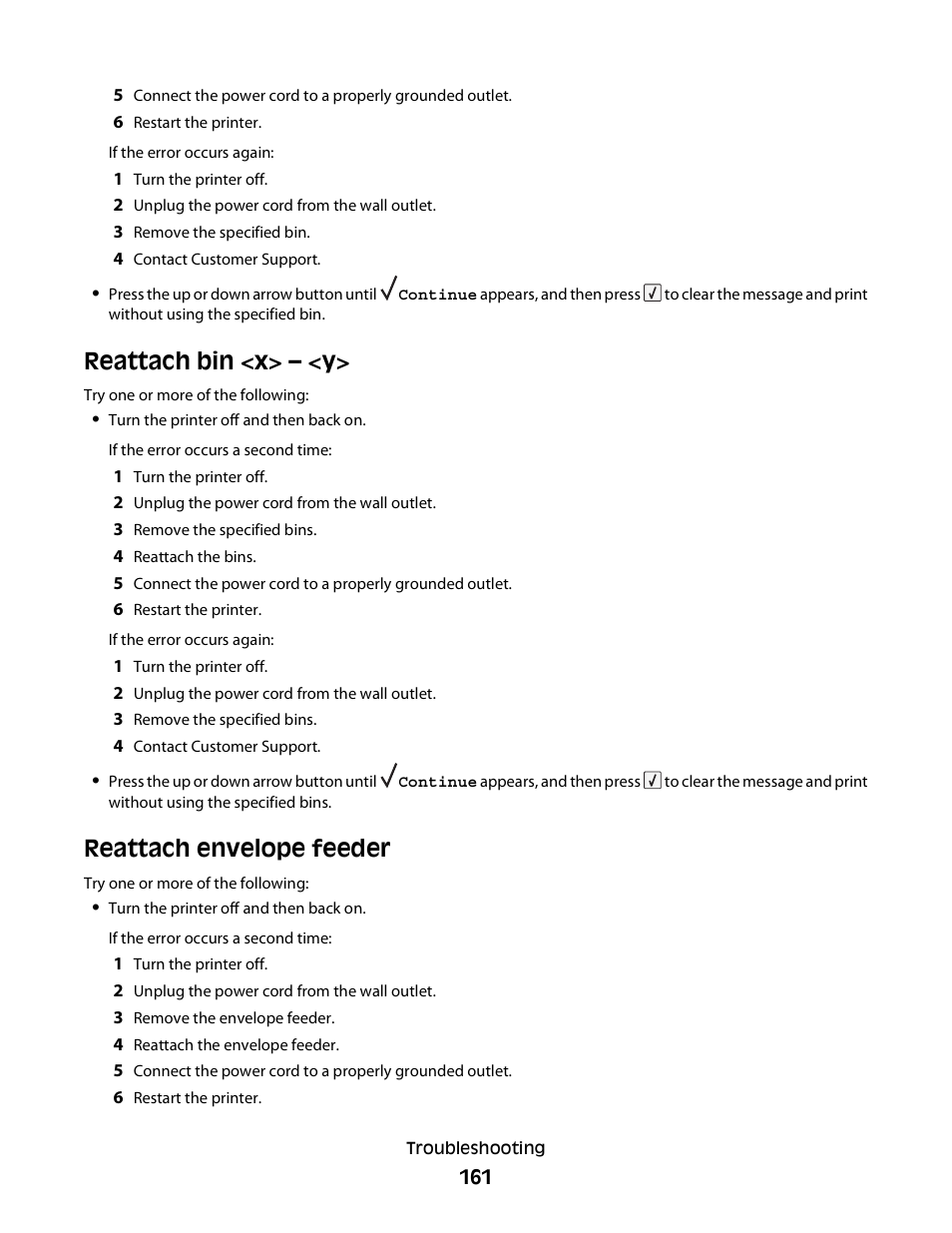 Reattach bin <x> – <y, Reattach envelope feeder | Dell 5230dn Mono Laser Printer User Manual | Page 161 / 193