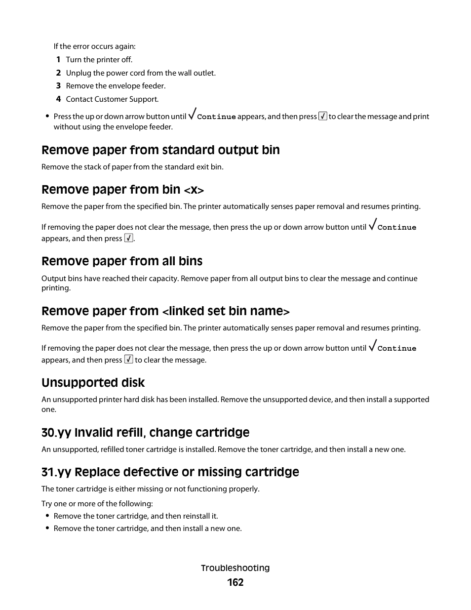 Remove paper from standard output bin, Remove paper from bin <x, Remove paper from all bins | Remove paper from <linked set bin name, Unsupported disk, Yy invalid refill, change cartridge, Yy replace defective or missing cartridge | Dell 5230dn Mono Laser Printer User Manual | Page 162 / 193