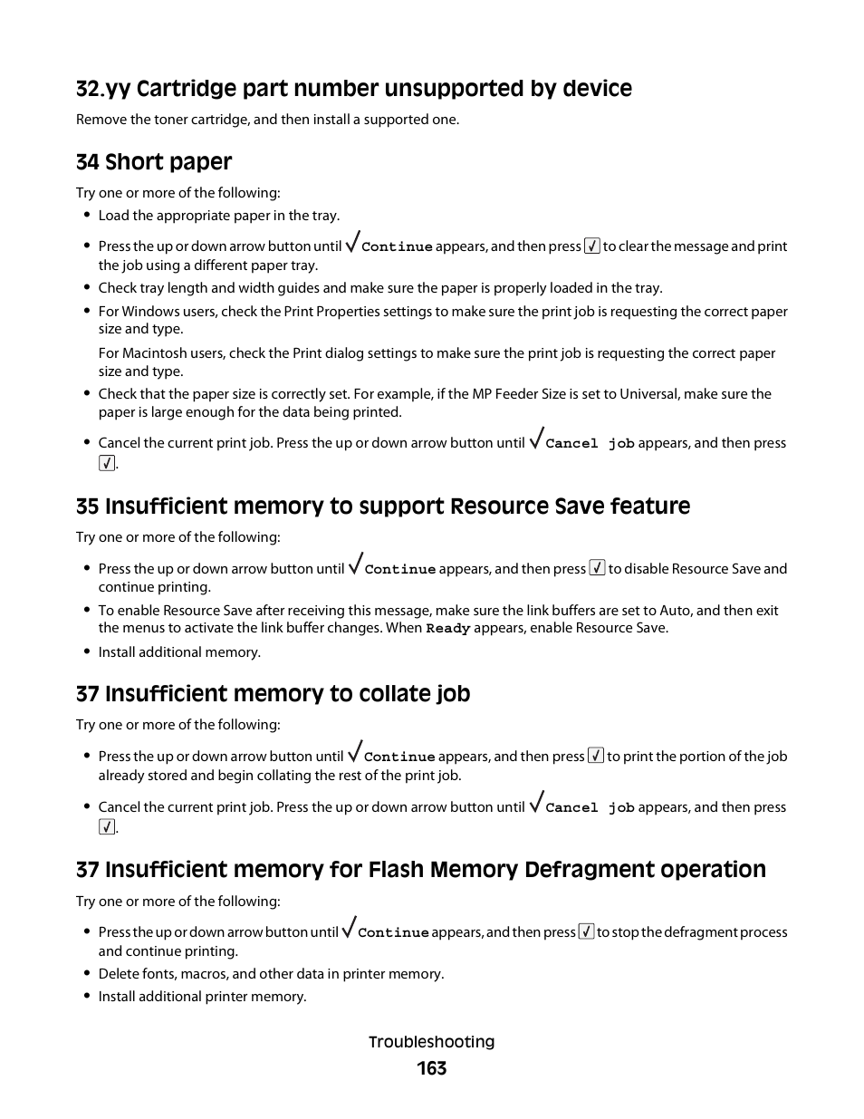 Yy cartridge part number unsupported by device, 34 short paper, 37 insufficient memory to collate job | Dell 5230dn Mono Laser Printer User Manual | Page 163 / 193