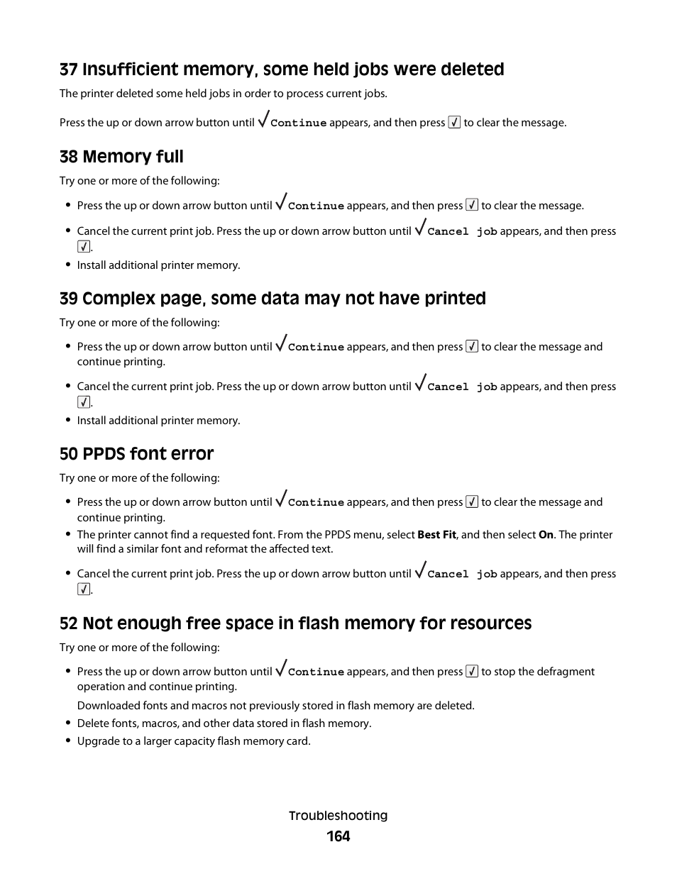 38 memory full, 50 ppds font error, 39 complex page, some data may not have printed | Dell 5230dn Mono Laser Printer User Manual | Page 164 / 193