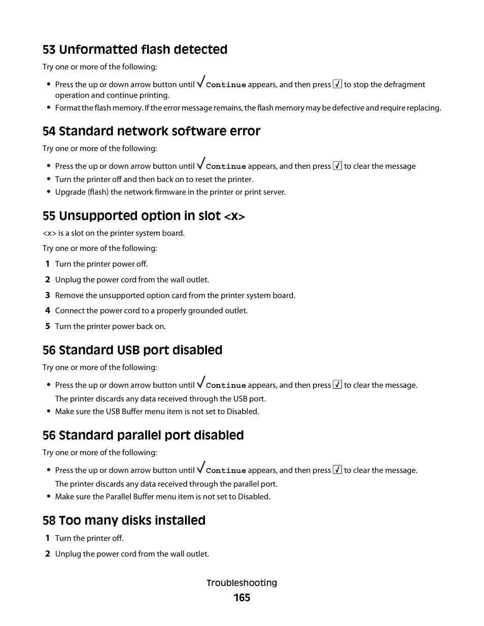 53 unformatted flash detected, 54 standard network software error, 55 unsupported option in slot <x | 56 standard usb port disabled, 56 standard parallel port disabled, 58 too many disks installed | Dell 5230dn Mono Laser Printer User Manual | Page 165 / 193