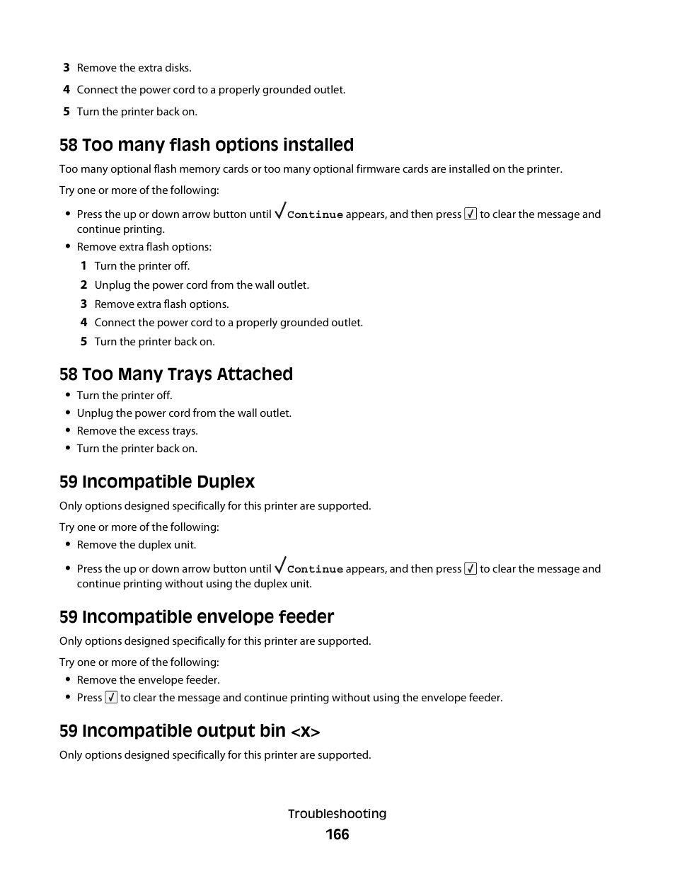 58 too many flash options installed, 58 too many trays attached, 59 incompatible duplex | 59 incompatible envelope feeder, 59 incompatible output bin <x | Dell 5230dn Mono Laser Printer User Manual | Page 166 / 193