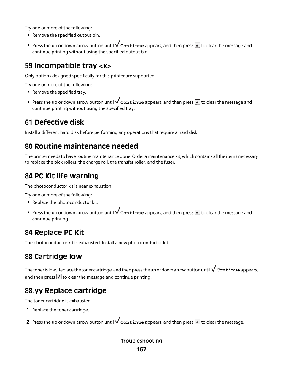 59 incompatible tray <x, 61 defective disk, 80 routine maintenance needed | 84 pc kit life warning, 84 replace pc kit, 88 cartridge low, Yy replace cartridge, 61 defective disk 80 routine maintenance needed | Dell 5230dn Mono Laser Printer User Manual | Page 167 / 193