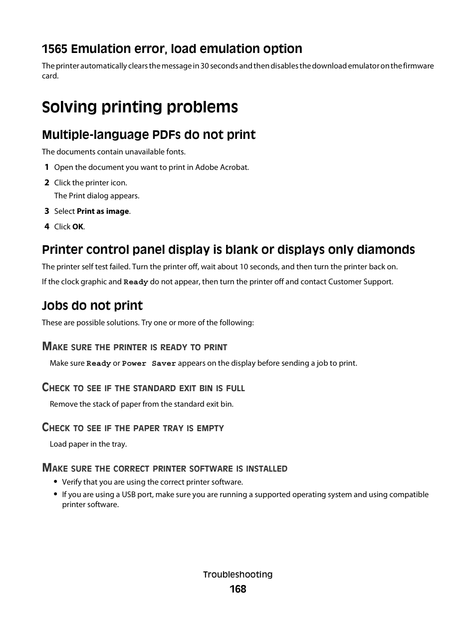 1565 emulation error, load emulation option, Solving printing problems, Multiple-language pdfs do not print | Jobs do not print | Dell 5230dn Mono Laser Printer User Manual | Page 168 / 193