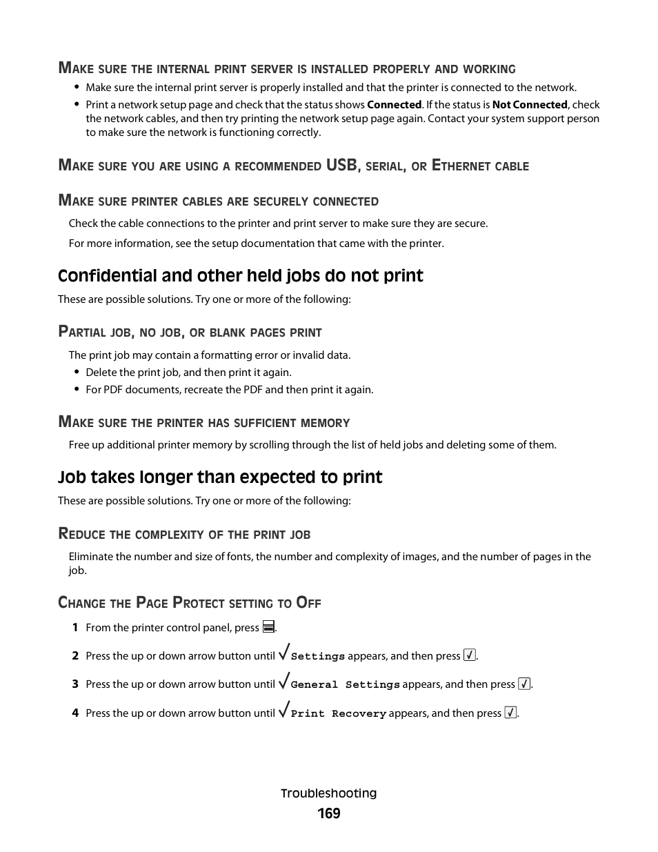 Confidential and other held jobs do not print, Job takes longer than expected to print | Dell 5230dn Mono Laser Printer User Manual | Page 169 / 193