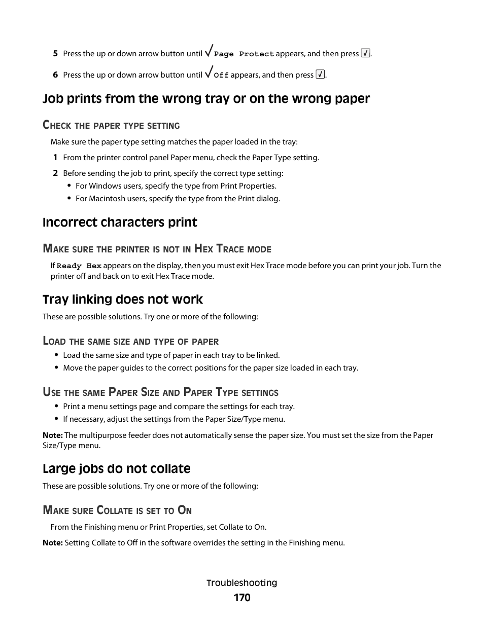 Incorrect characters print, Tray linking does not work, Large jobs do not collate | Incorrect characters print m | Dell 5230dn Mono Laser Printer User Manual | Page 170 / 193