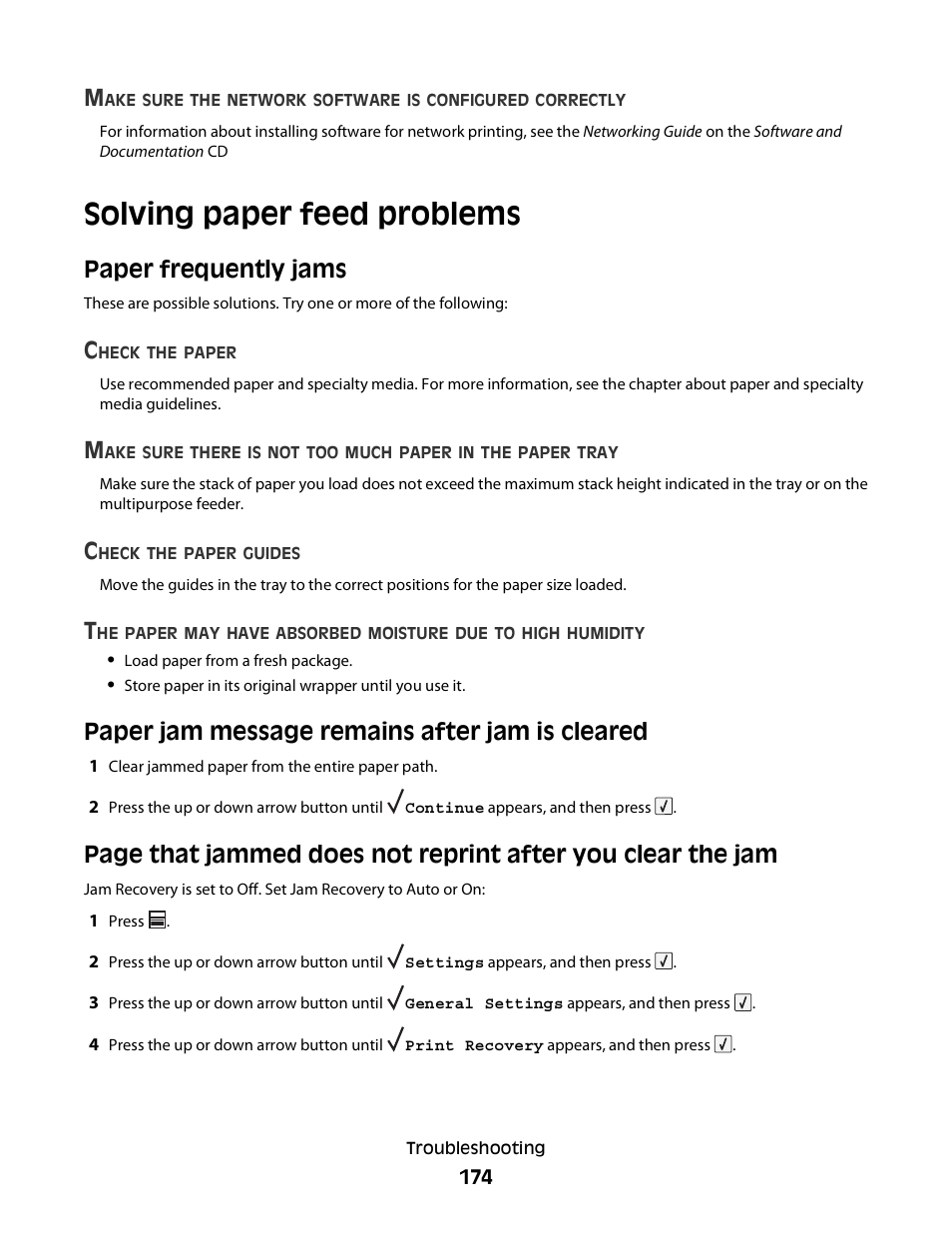 Solving paper feed problems, Paper frequently jams, Paper jam message remains after jam is cleared | Dell 5230dn Mono Laser Printer User Manual | Page 174 / 193