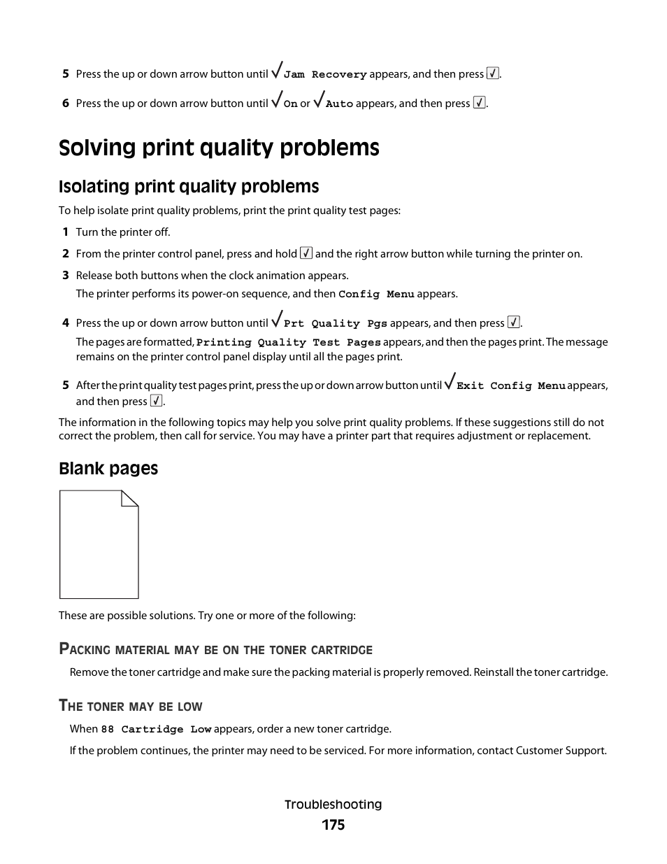 Solving print quality problems, Isolating print quality problems, Blank pages | Dell 5230dn Mono Laser Printer User Manual | Page 175 / 193