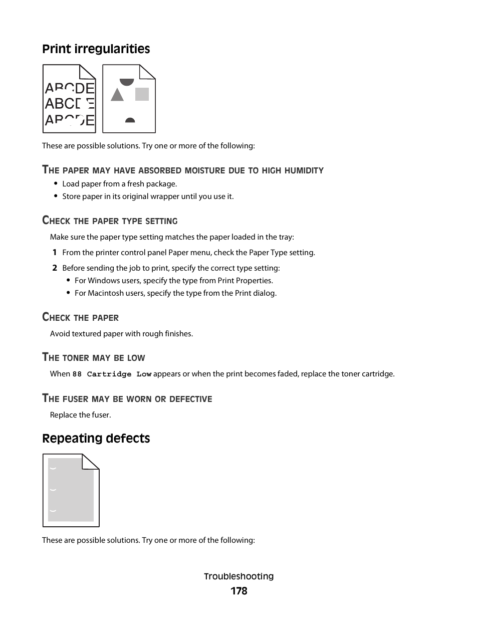 Print irregularities, Repeating defects | Dell 5230dn Mono Laser Printer User Manual | Page 178 / 193