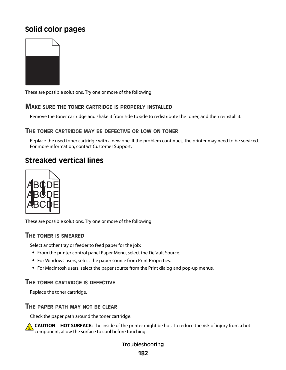 Streaked vertical lines, Abcde abcde abcde, Solid color pages | Dell 5230dn Mono Laser Printer User Manual | Page 182 / 193