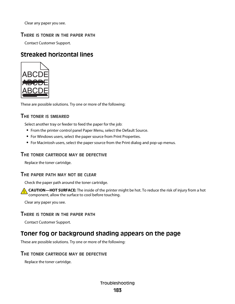 Streaked horizontal lines, Abcde abcde abcde | Dell 5230dn Mono Laser Printer User Manual | Page 183 / 193